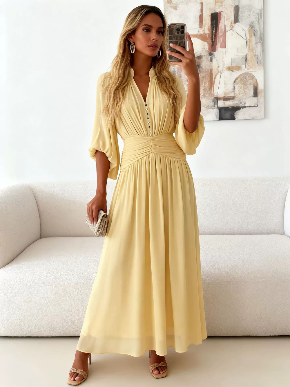 ZARA French Style Pleated Collar Puff Sleeve Midi Dress Elegant Party Dress